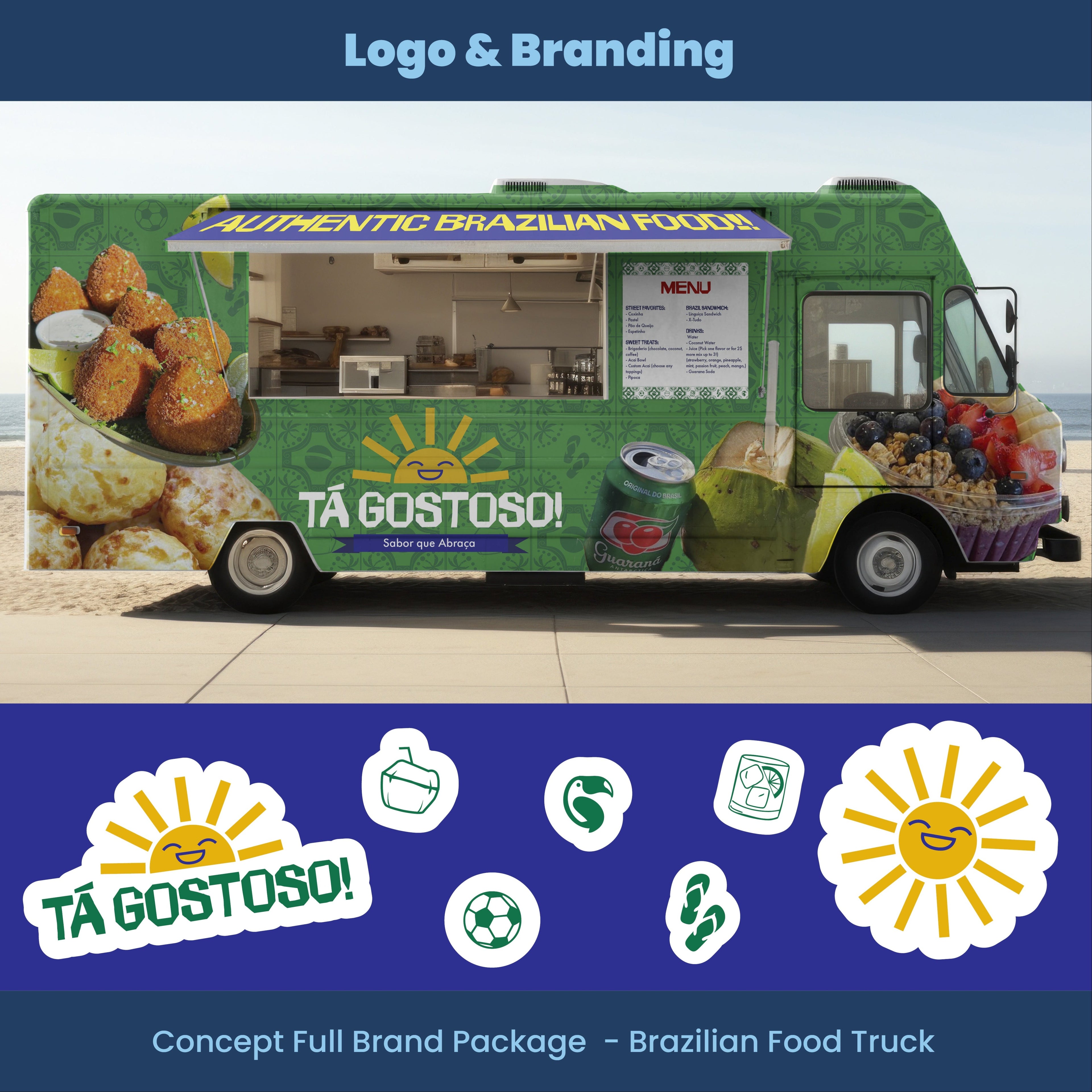 Green Brazilian food truck with 'Tá Gostoso!' branding on a beach.
