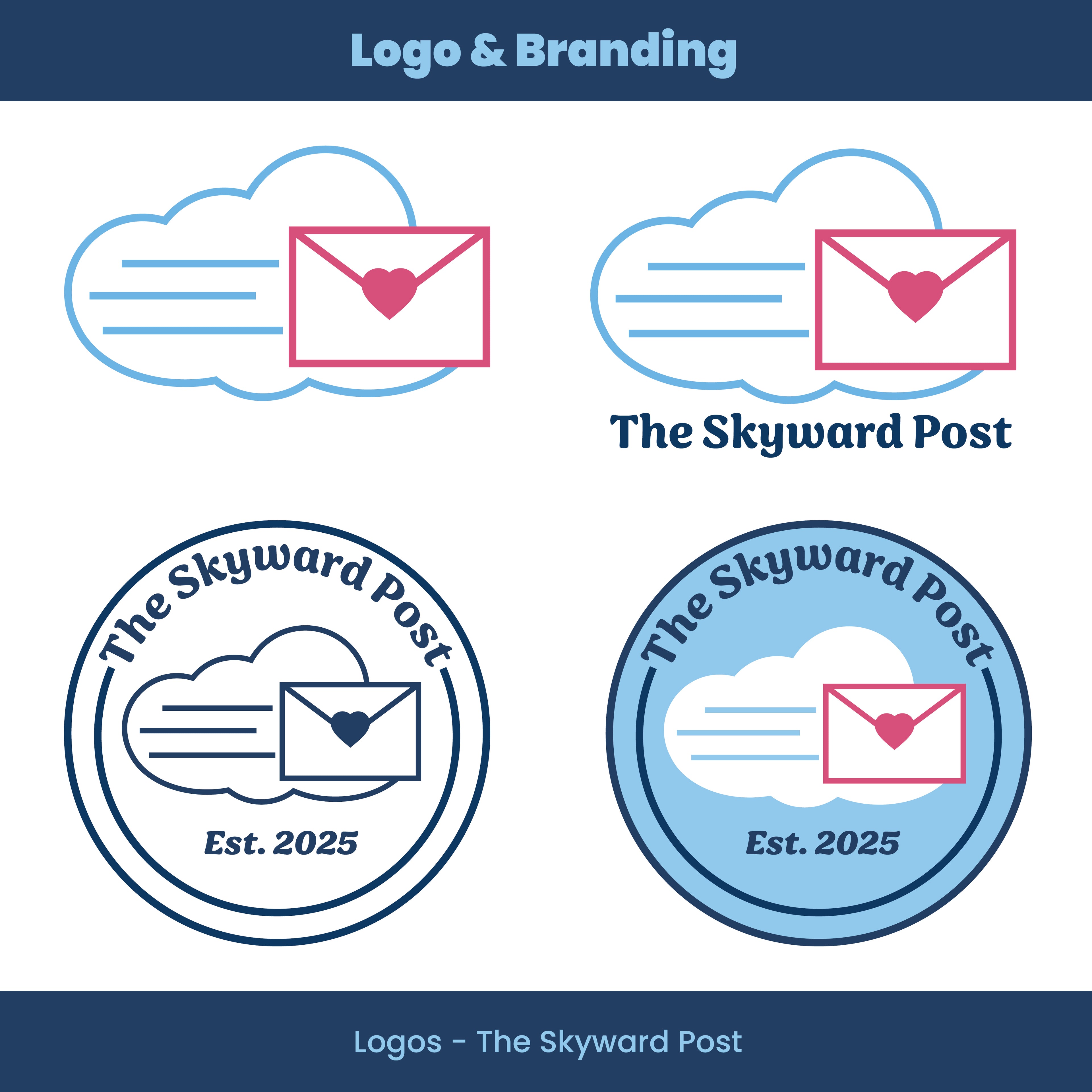 Logos for 'The Skyward Post' with cloud and envelope design.