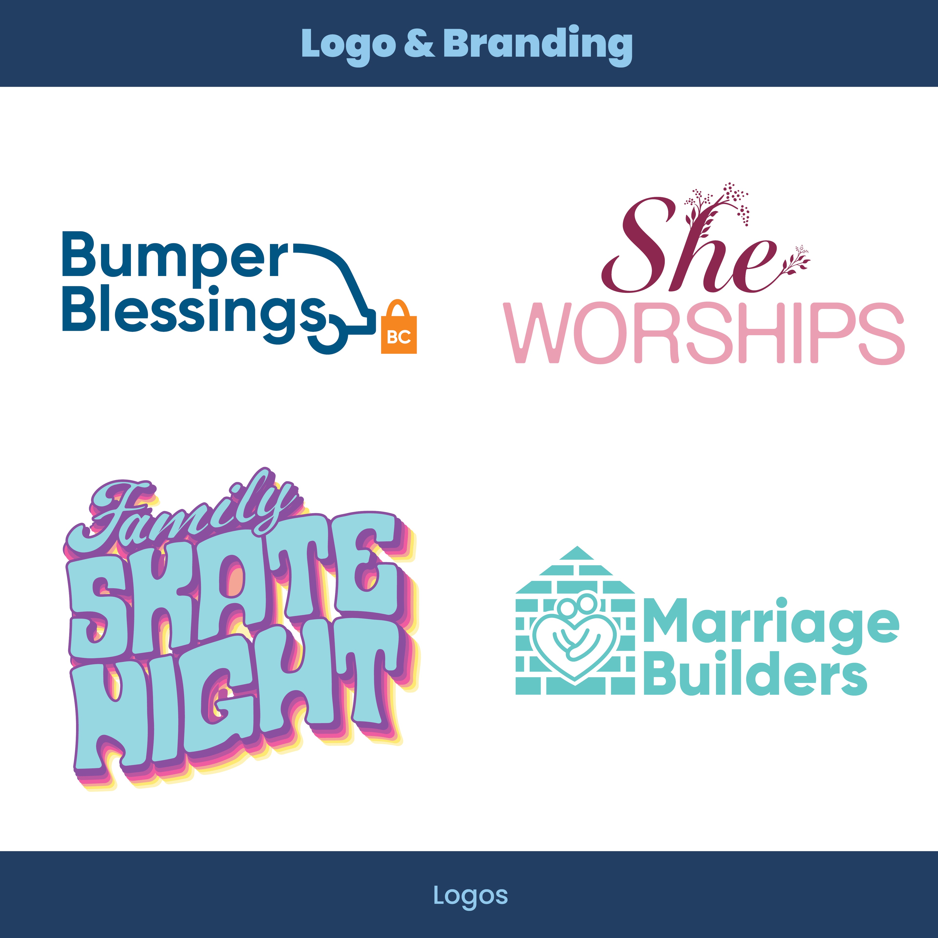 Collection of logos for Bumper Blessings, She Worships, Family Skate Night, and Marriage Builders on a white background.
