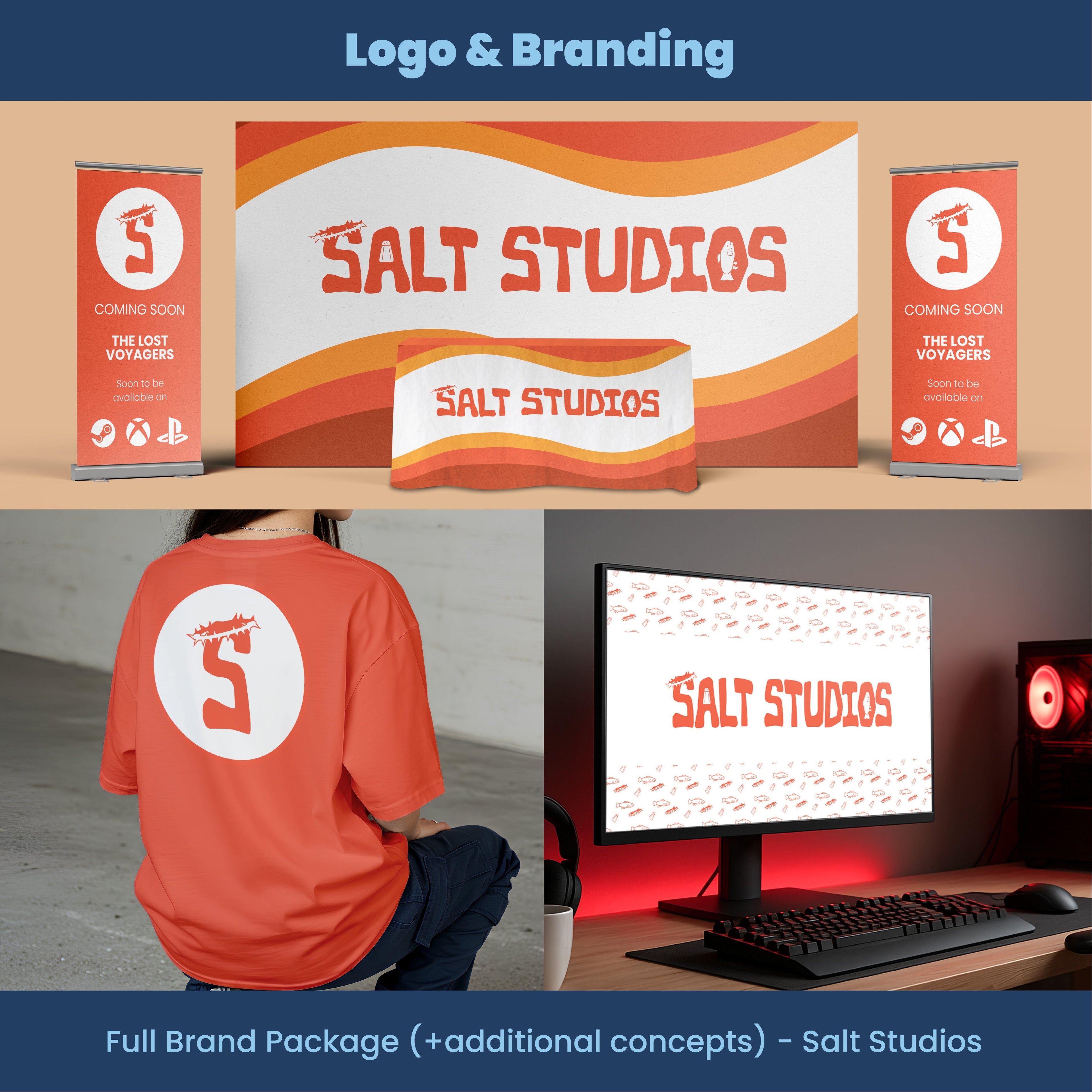 Collage of Salt Studios branding elements including banners, t-shirt, and computer monitor.