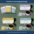 Tea packaging design by Root & Vine with tea bags, boxes, and cups on a green background.