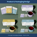 Tea packaging design by Root & Vine with tea bags, boxes, and cups on a green background.