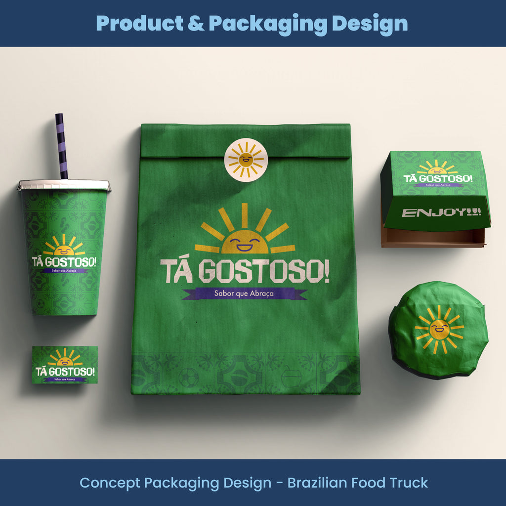 Green packaging set with 'Tá Gostoso!' branding on a light gray background