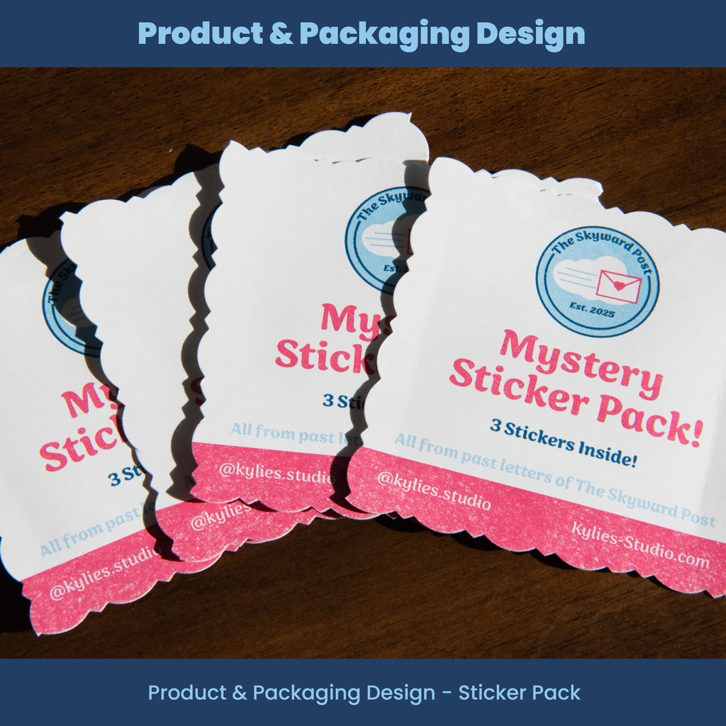 Sticker packs with "Mystery Sticker Pack!' text on package with a wooden surface in the background