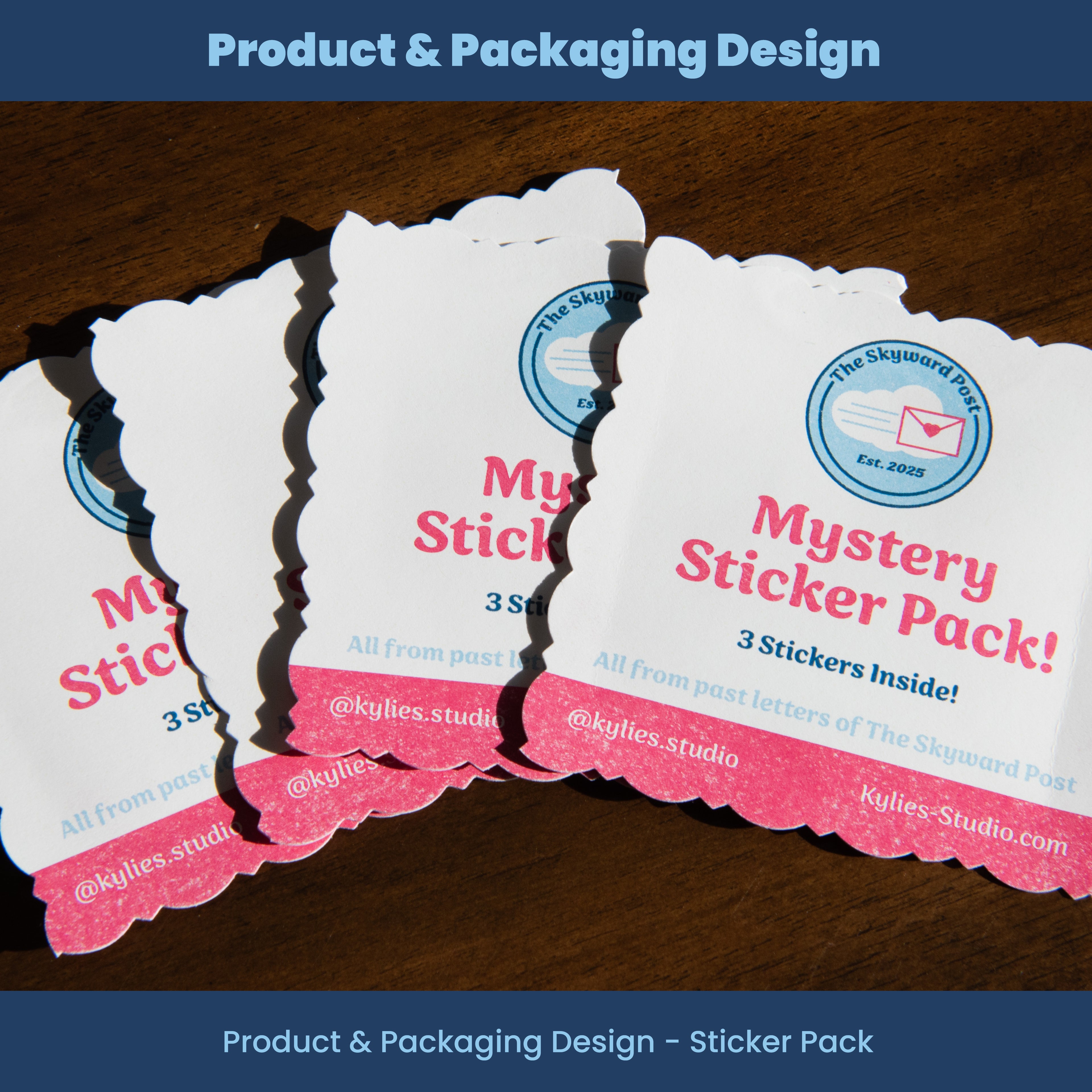 Sticker packs with "Mystery Sticker Pack!' text on package with a wooden surface in the background