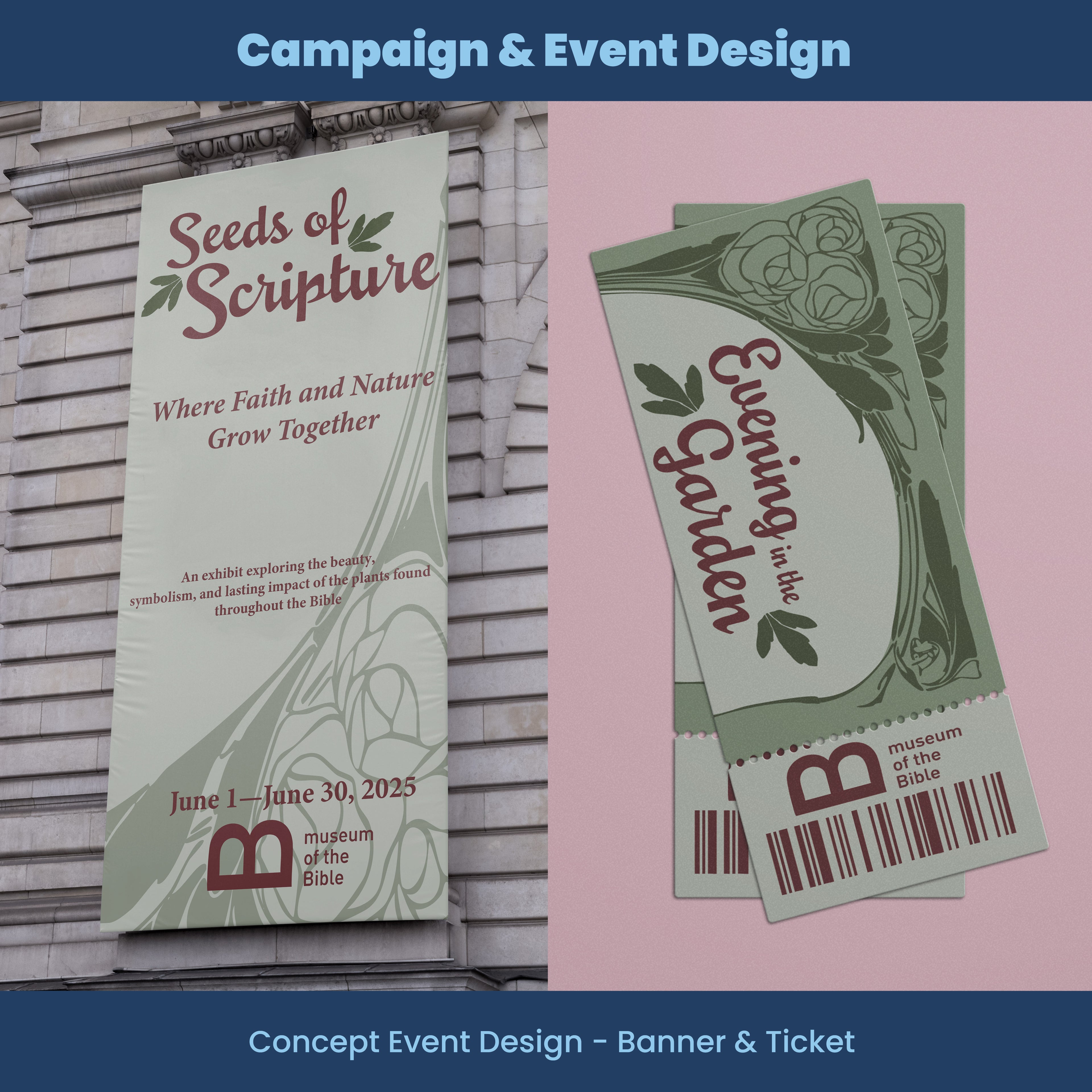 Promotional banner and tickets for 'Seeds of Scripture' event at the Museum of the Bible.