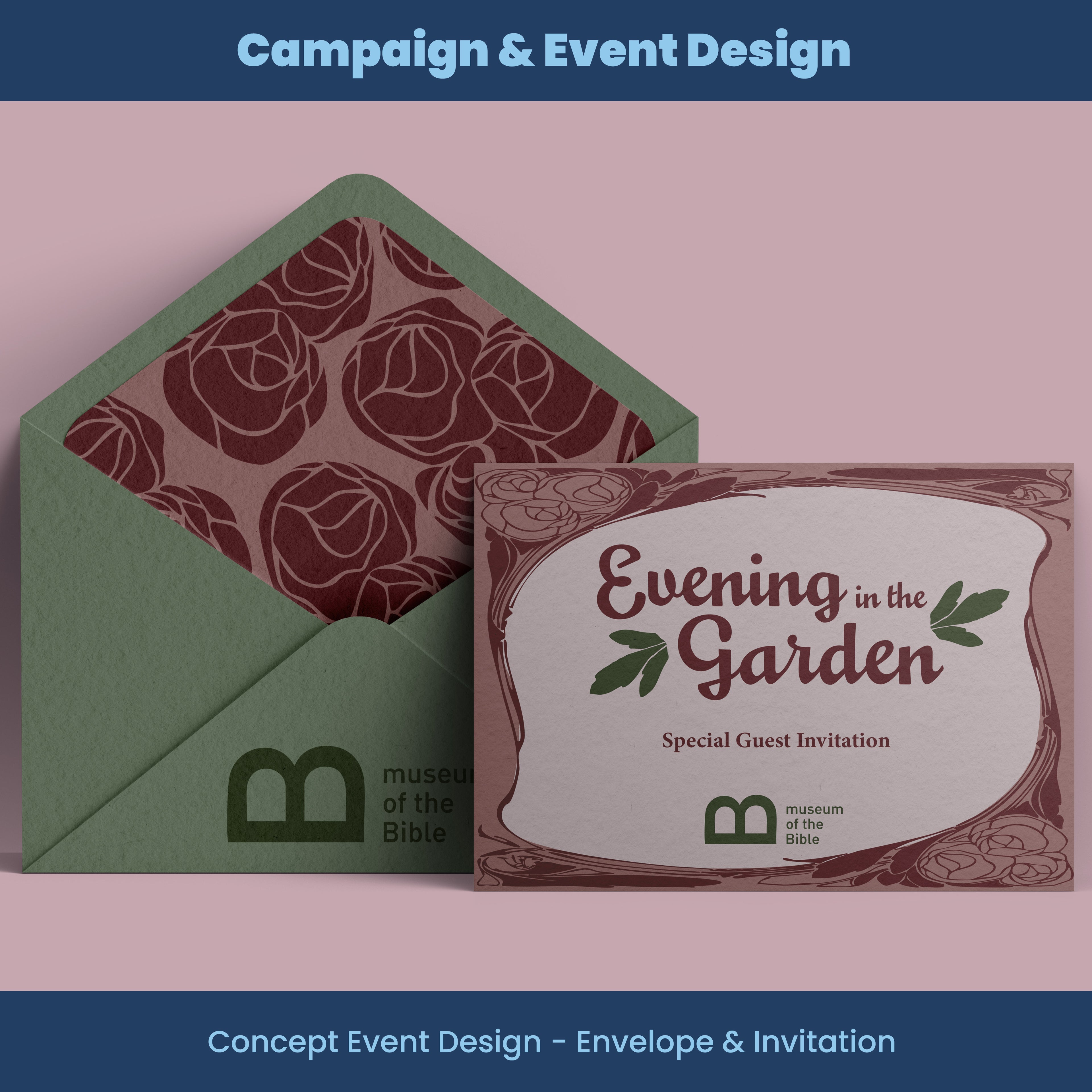 Invitation card and envelope with 'Evening in the Garden' design on a pink background