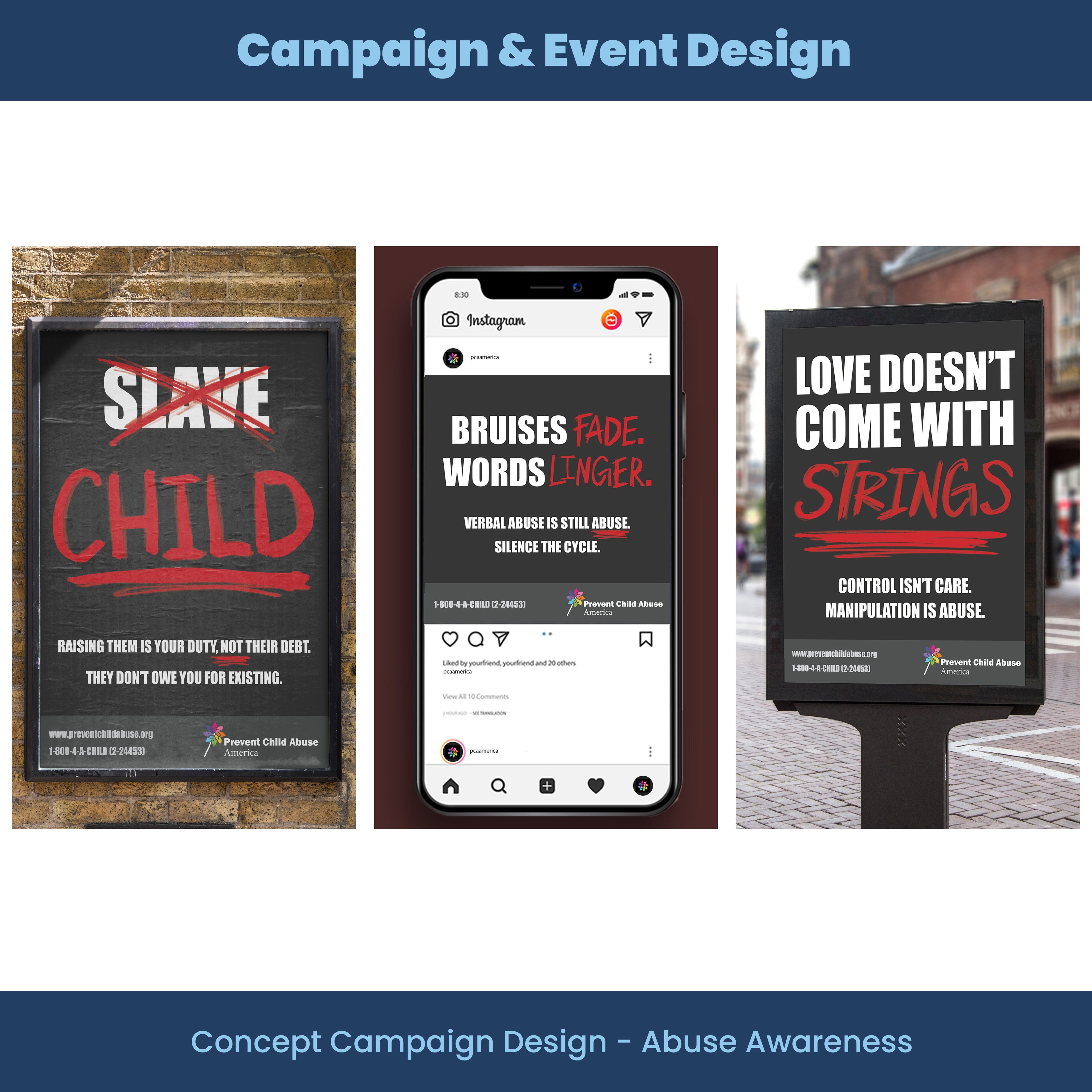 Abuse awareness campaign design with posters and smartphone displaying social media post.