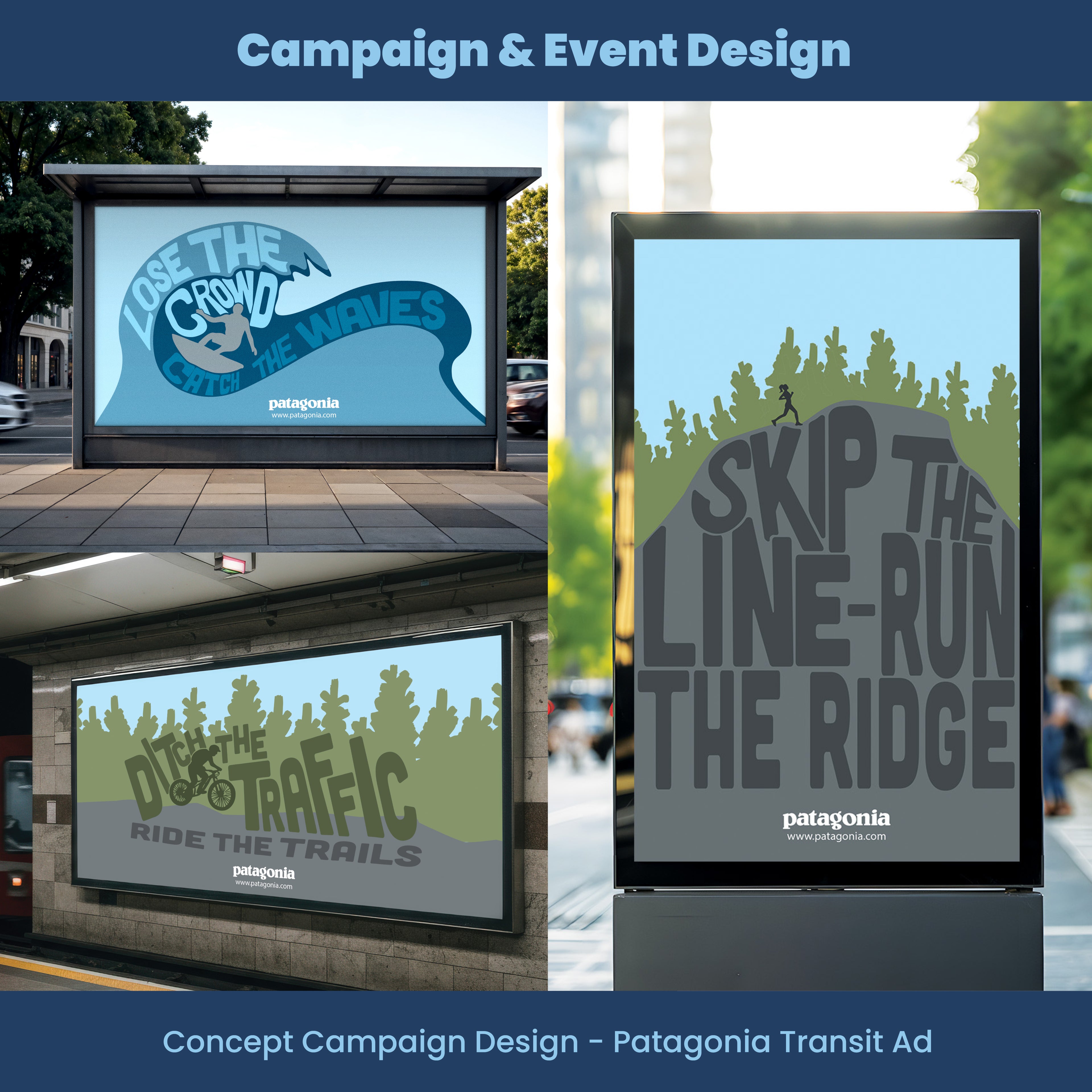 Patagonia transit ads with outdoor campaign design on digital billboards.